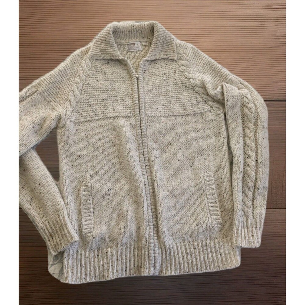Fisherman Sweater Vtg 1970s Zip Front Collared Speckled Cream L Montgomery Ward